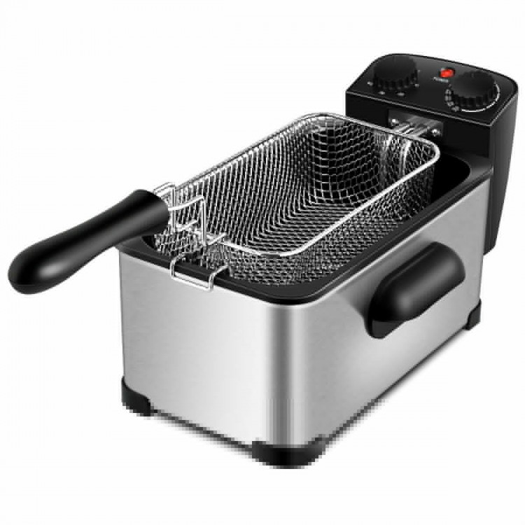 Side view of the 3.2 Quart Electric Stainless Steel Deep Fryer showcasing the removable frying basket and cool touch.