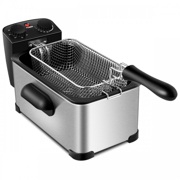 Electric stainless steel deep fryer with 3.2 qt capacity, adjustable temperature, and timer for crispy fried food.