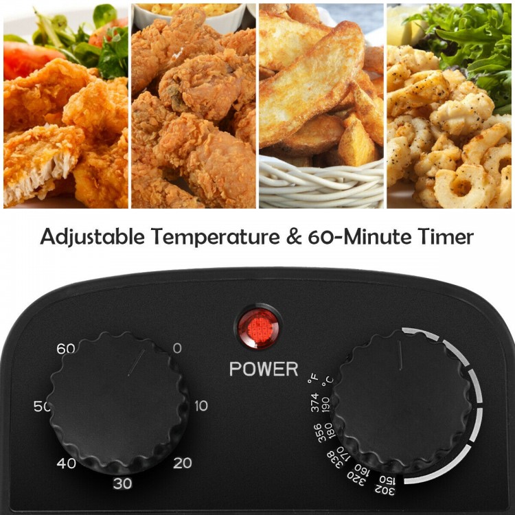 Close-up of the adjustable temperature and timer knobs on a 3.2 Quart Electric Stainless Steel Deep Fryer for precise.