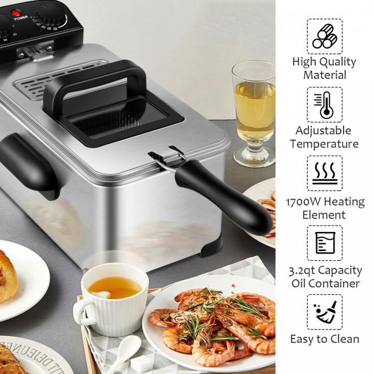 Electric stainless steel deep fryer with 3.2 qt capacity, adjustable temperature, and 1700W heating element for crispy.