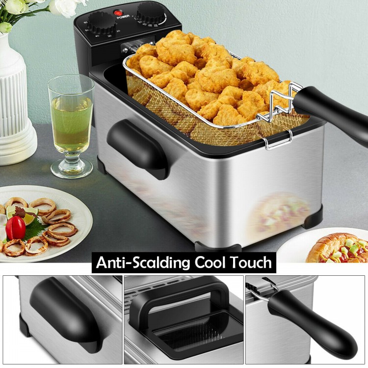 Electric stainless steel deep fryer with 3.2 qt capacity, anti-scalding handles, and timer for crispy fried foods.