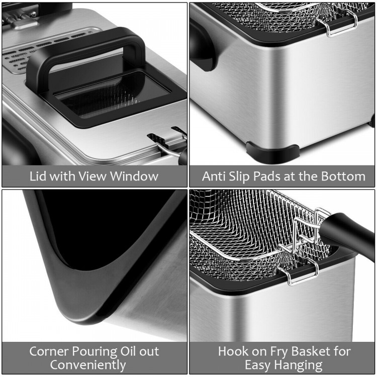 Corner oil pouring feature and hook on fry basket of the 3.2 Quart Electric Stainless Steel Deep Fryer for easy use.