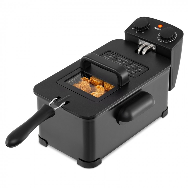 3.2 quart electric deep fryer in black with timer, view window, and removable heating element for frying various foods.