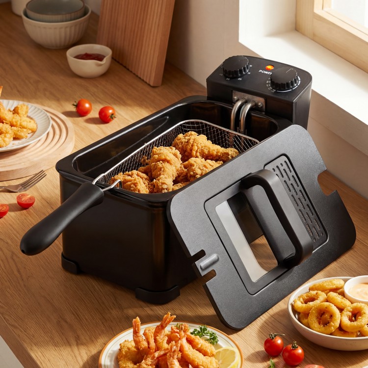 Electric stainless steel deep fryer with timer, 3.2 qt capacity, cooking crispy fried foods like chicken and fries.