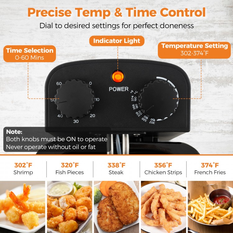 Close-up of the temperature and timer controls on the 3.2 Quart Electric Stainless Steel Deep Fryer for precise cooking.