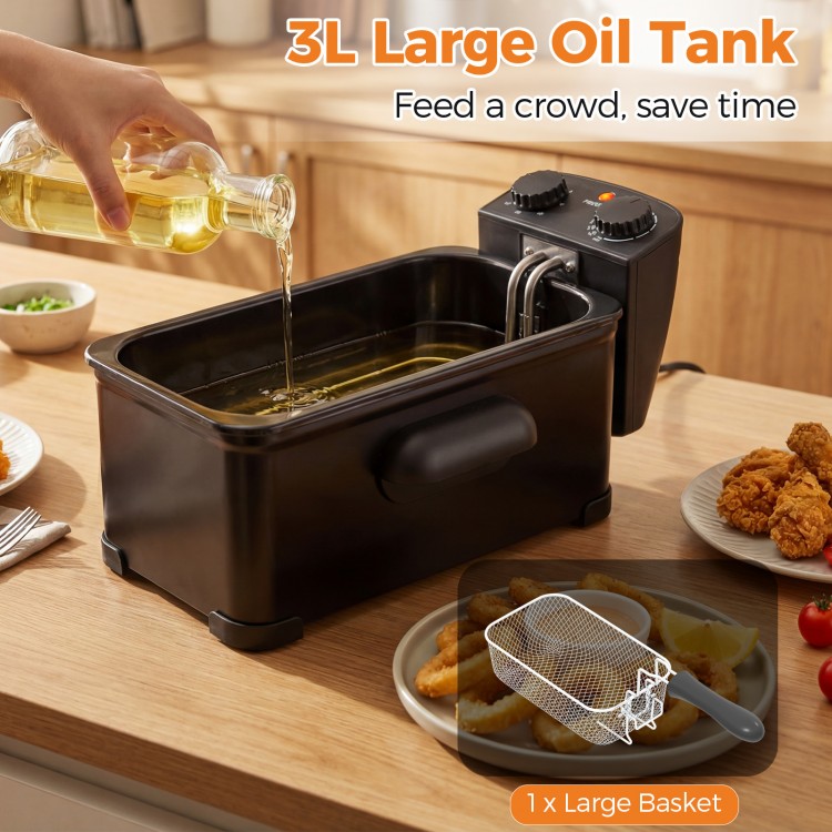 Large 3.2 qt electric deep fryer with adjustable temperature and timer, perfect for frying chicken and fries.