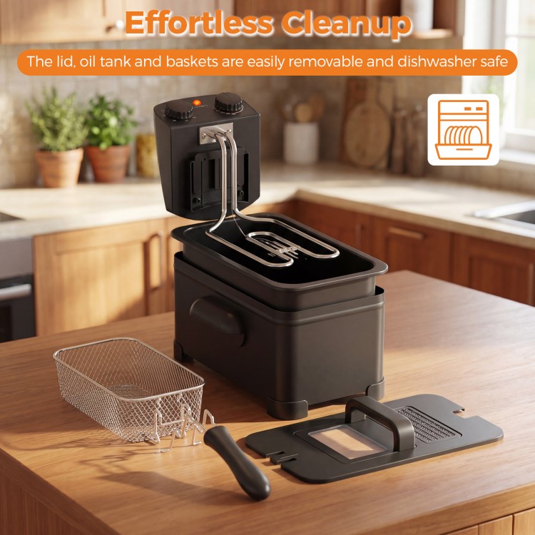 Electric stainless steel deep fryer with removable lid, oil tank, and baskets for easy cleaning and dishwasher safe use.