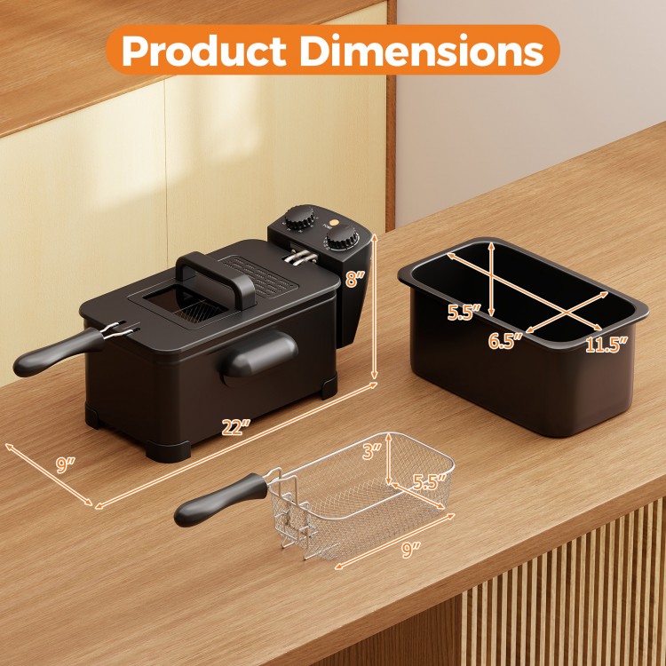 Electric stainless steel deep fryer dimensions, 3.2 qt capacity, with removable basket and adjustable temperature.