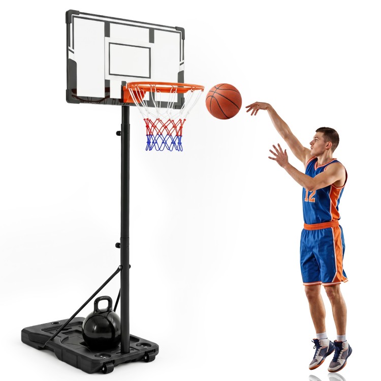 Adjustable portable basketball hoop with a shatterproof backboard, suitable for indoor and outdoor play, featuring wheels for easy movement.
