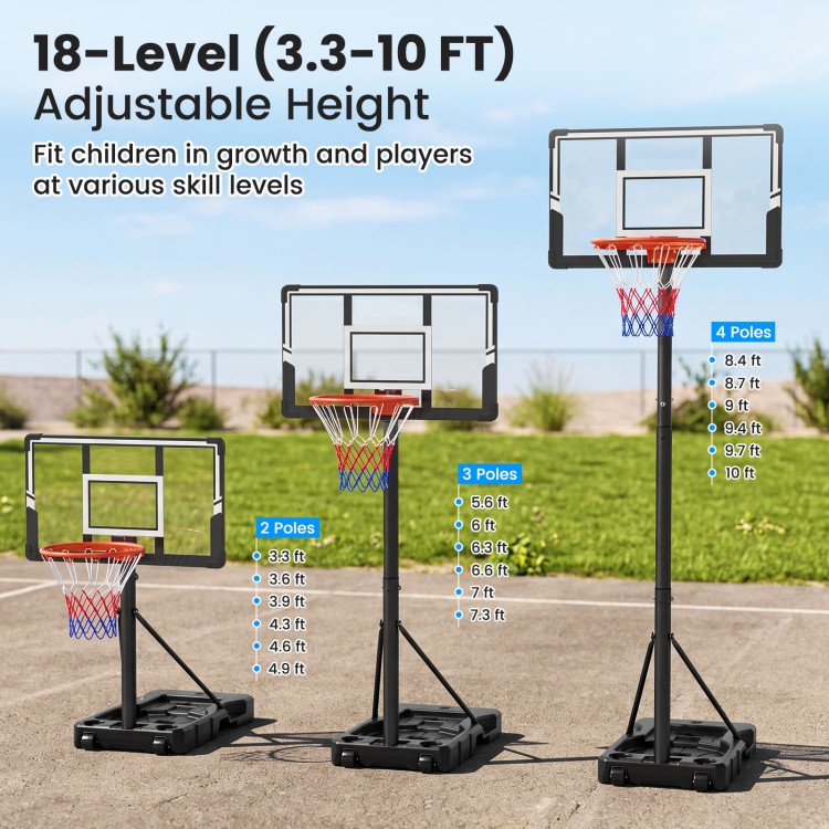 Adjustable 3.3-10 feet portable basketball hoop with shatterproof backboard, ideal for indoor and outdoor play.