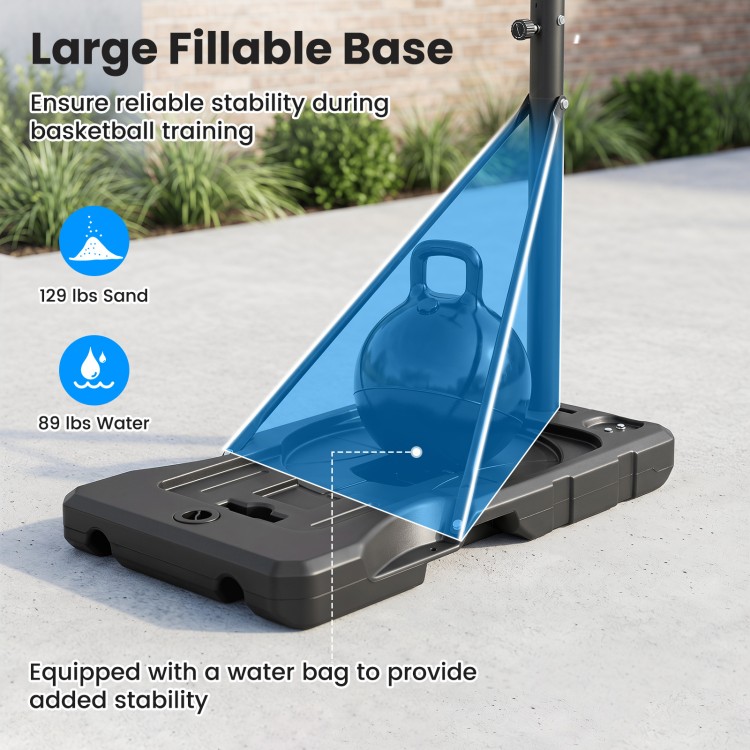 Large fillable base designed for stability, allowing sand or water to secure the 3.3-10 feet adjustable basketball hoop.