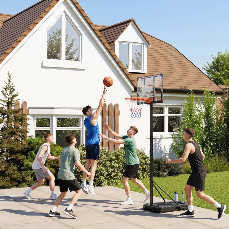 Portable basketball hoop adjustable from 3.3 to 10 feet with shatterproof backboard, ideal for outdoor play.
