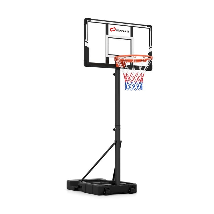 Portable basketball hoop with adjustable height from 3.3 to 10 feet, featuring a shatterproof backboard and built-in wheels.