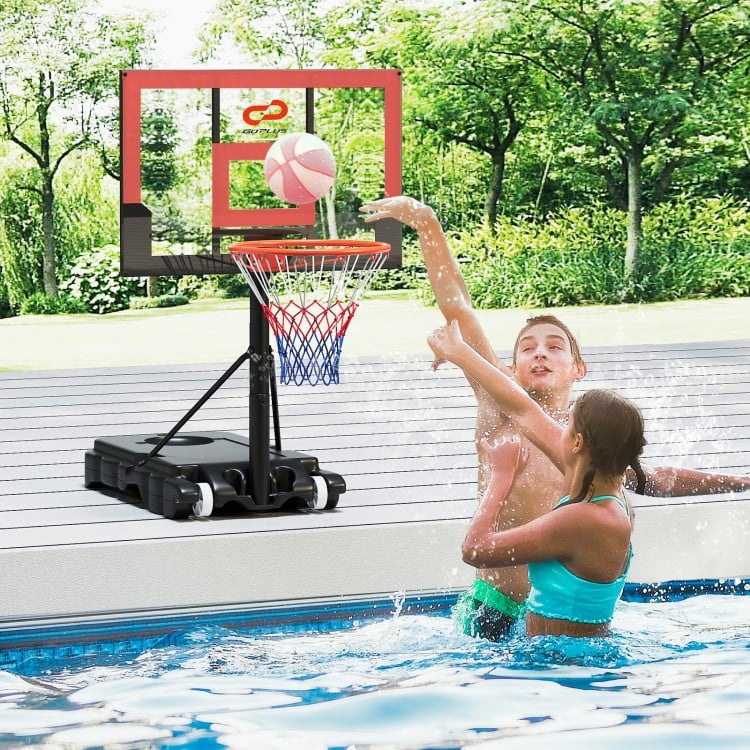 Portable adjustable outdoor basketball hoop in black and red, set at 3.3-7 ft, ideal for kids' play and practice.