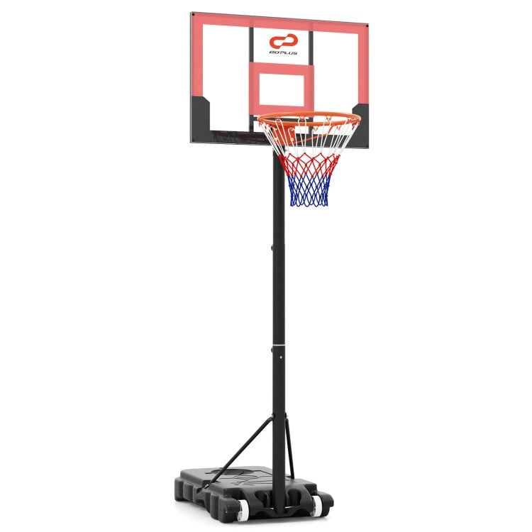 Portable adjustable basketball hoop system in black and red, height 3.3-7 ft, ideal for kids and outdoor use.