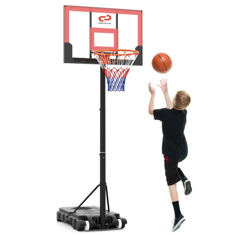 Adjustable 3.3-7 ft kids basketball hoop in black and red, featuring a shatterproof backboard and built-in wheels for.