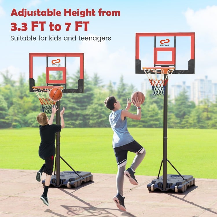 Portable adjustable basketball hoop for kids, height 3.3-7 ft, featuring shatterproof backboard and stable base.