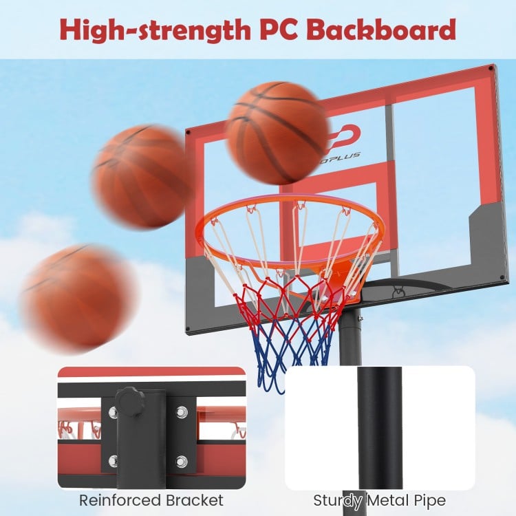 Portable adjustable kids basketball hoop with shatterproof PC backboard and sturdy metal pipe for outdoor play.
