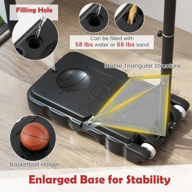 Filling hole detail of the 3.3-7 ft adjustable outdoor basketball hoop, designed for stability with sand or water.
