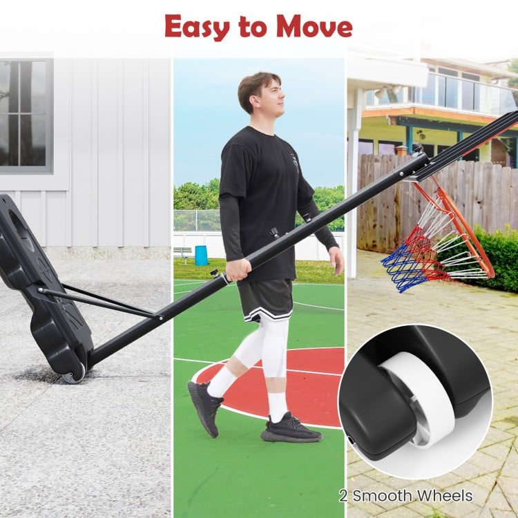 Portable adjustable basketball hoop system with wheels, featuring a shatterproof backboard for outdoor fun.