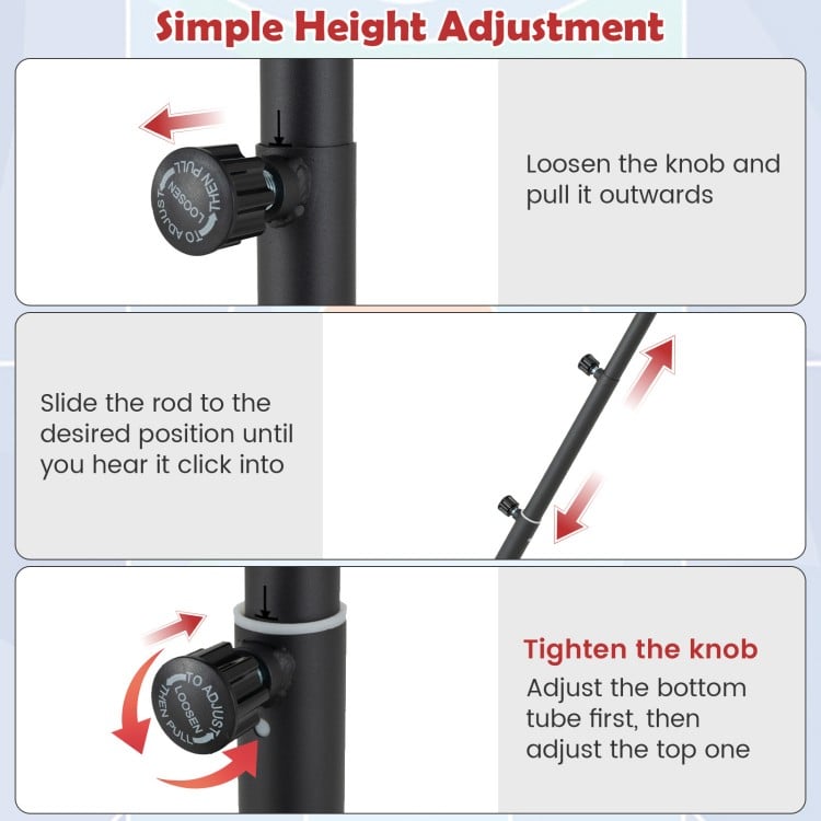 Height adjustment mechanism for the 3.3-7 feet portable adjustable kids basketball hoop system in black and red.