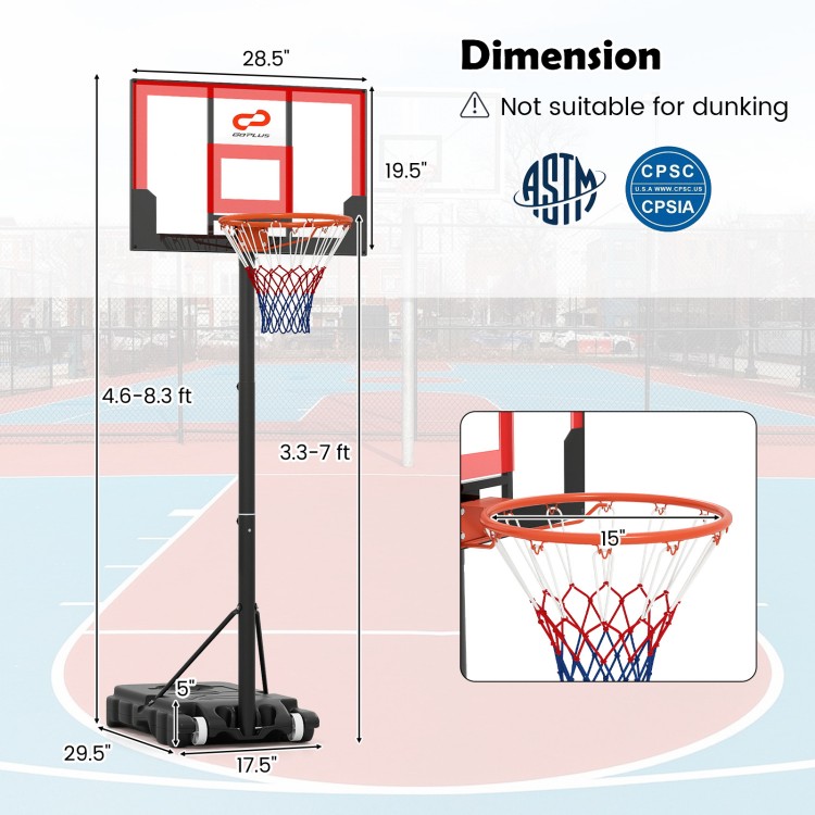 Portable adjustable kids basketball hoop system in black and red, height 3.3-7 ft, with shatterproof backboard and.