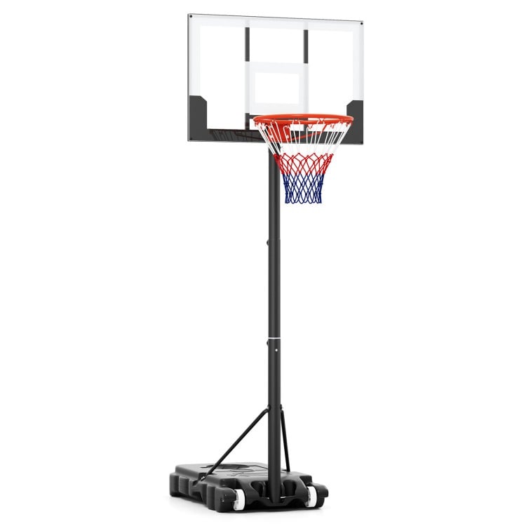 Portable adjustable outdoor basketball hoop system with shatterproof backboard, height range 3.3-7 feet, for kids.