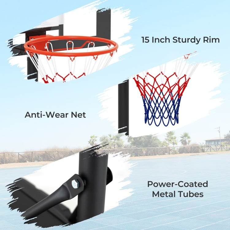 Close-up of the 15-inch sturdy rim and anti-wear net of the portable adjustable outdoor basketball hoop system.