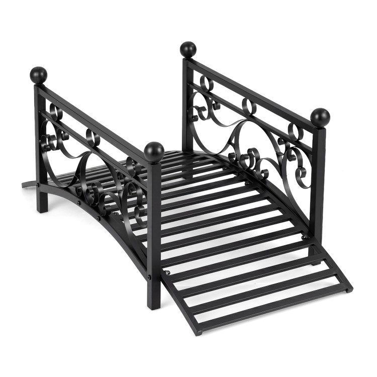 Garden metal bridge with dual patterned side rails, reinforced arched frame, and slatted walkway for outdoor durability.