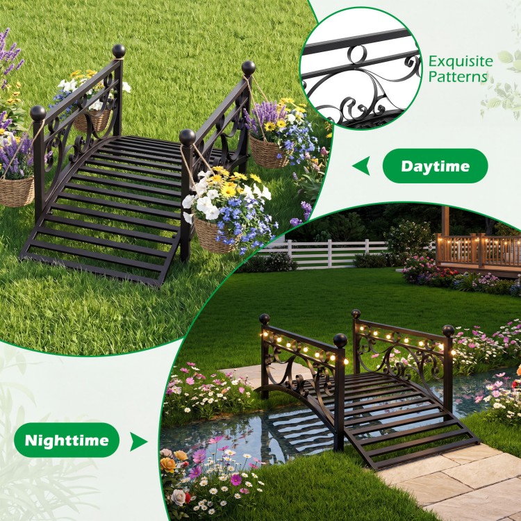 Garden metal bridge with dual patterned side rails, featuring a reinforced arched frame for stability and visual charm.