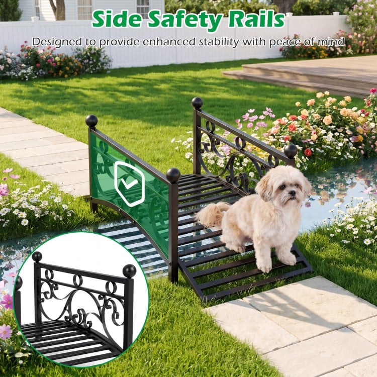 Garden metal bridge with dual patterned side rails, featuring a slatted walkway and reinforced arched frame for.