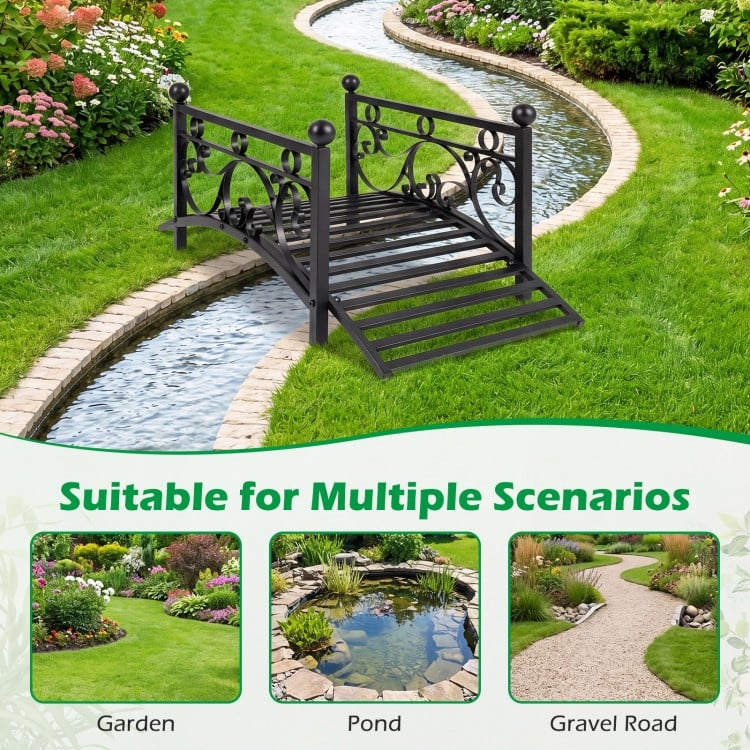 Garden metal bridge with dual patterned side rails, 3.3 ft long, ideal for enhancing pond and garden landscapes.