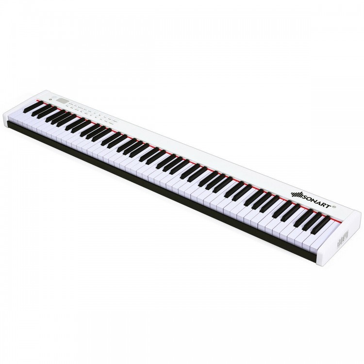 Full-size 88-key portable digital piano in white with touch-sensitive keys and sustain pedal for versatile music.