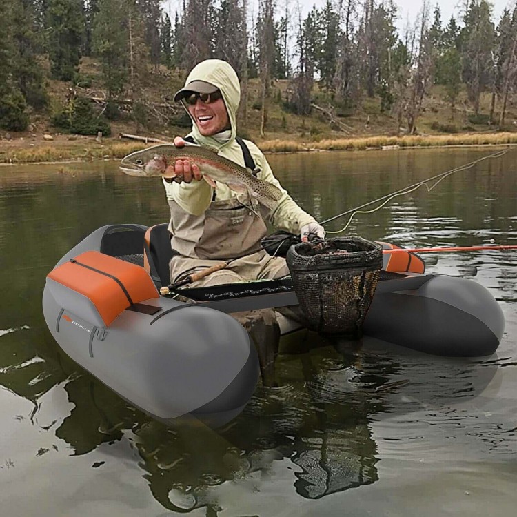 Inflatable fishing float tube in gray with storage pockets, fish ruler, and comfortable padded seat for water.