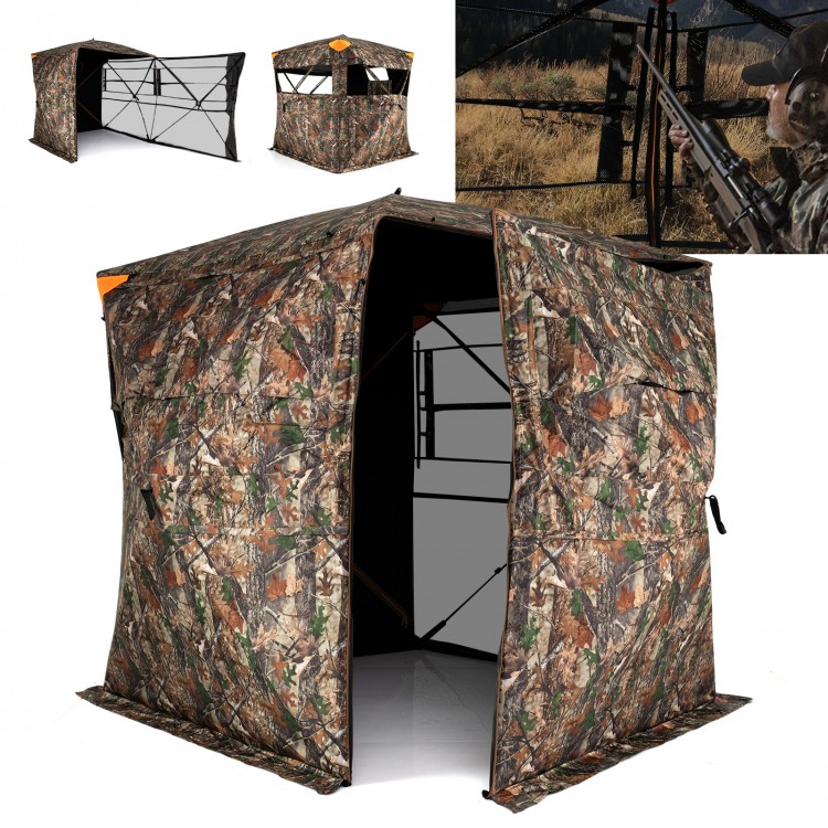 3-4 person hunting blind with 270° see-through design, camouflage pattern, and full-open swing door for easy access.