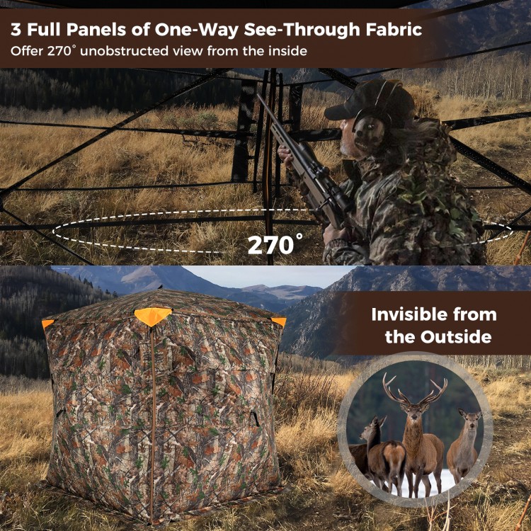 3-4 person hunting blind with 270° see-through fabric, camouflage design, and full-open swing door for stealthy access.