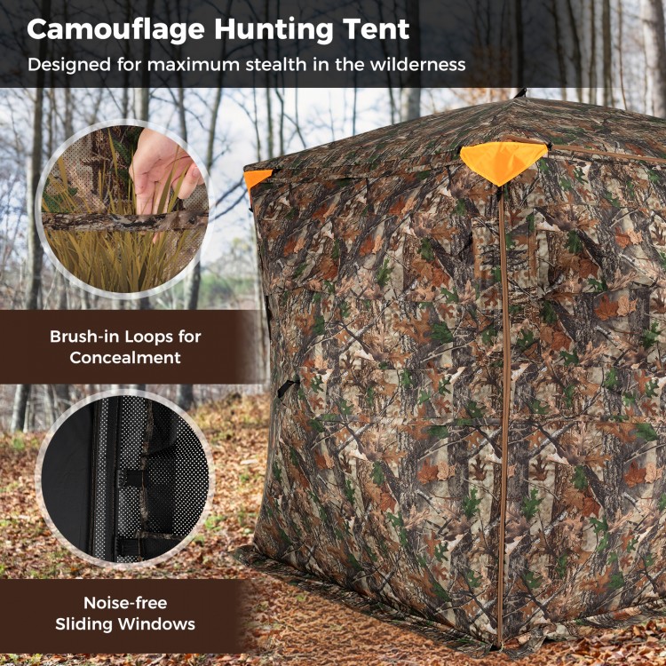 Camouflage hunting tent featuring a 270° see-through design, noise-free sliding windows, and brush-in loops for.