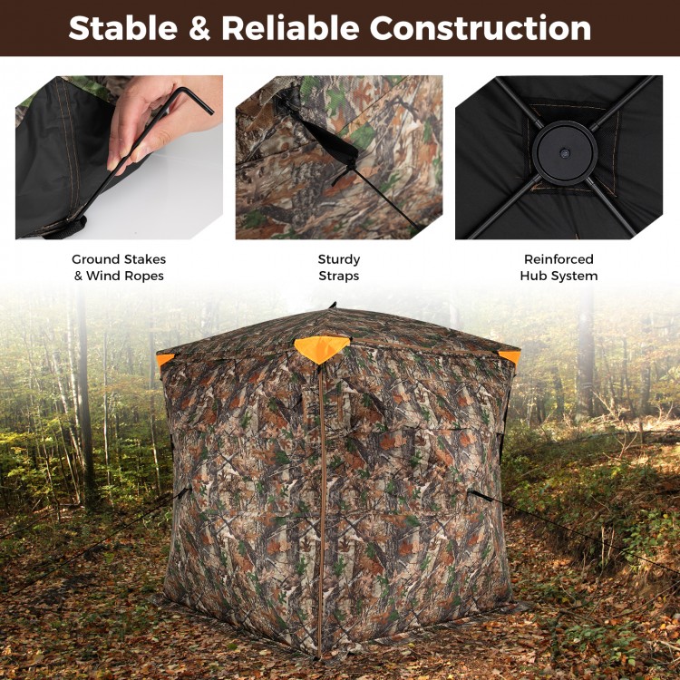Close-up of the sturdy wind ropes and metal ground stakes anchoring the 3-4 person hunting blind for stability in.