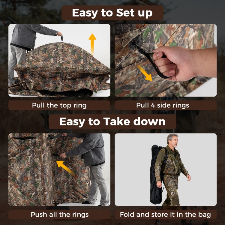 3-4 person hunting blind with camouflage design, showcasing easy setup and takedown features for stealthy outdoor use.