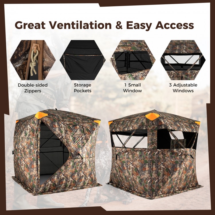 3-4 person hunting blind with 270° see-through design, featuring adjustable windows and a full-open swing door for easy.