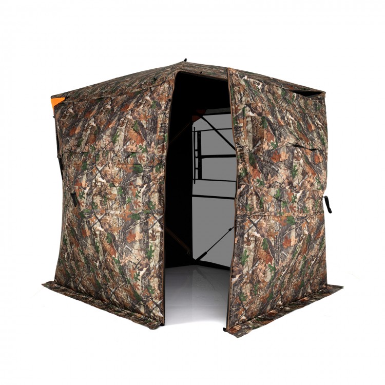 Side view of the 3-4 person hunting blind with realistic camouflage, showcasing its compact pop-up design for easy.
