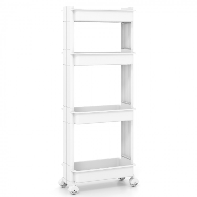 4-tier rolling utility cart in white with detachable trays and smooth wheels, ideal for organizing kitchens and.