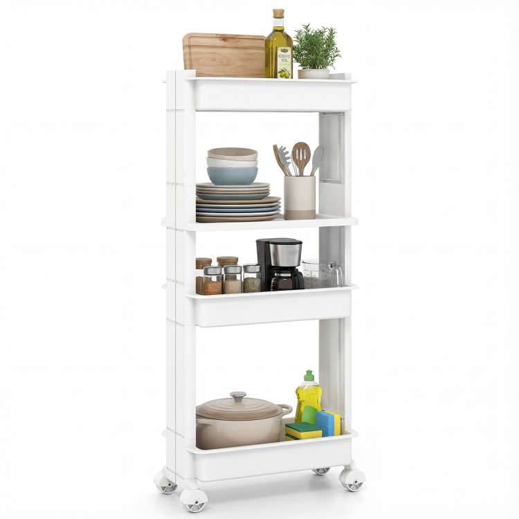 4-tier rolling utility cart with detachable trays, smooth wheels, and a modern design for versatile storage in any room.