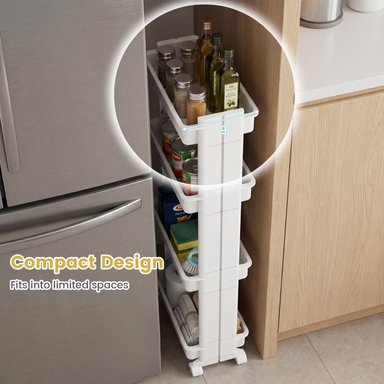 4-tier rolling utility cart with detachable trays, compact design for efficient storage in kitchens and living spaces.