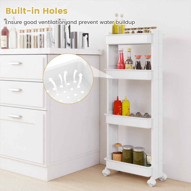 4-tier rolling utility cart with detachable trays and smooth wheels, featuring ventilated trays for efficient storage.