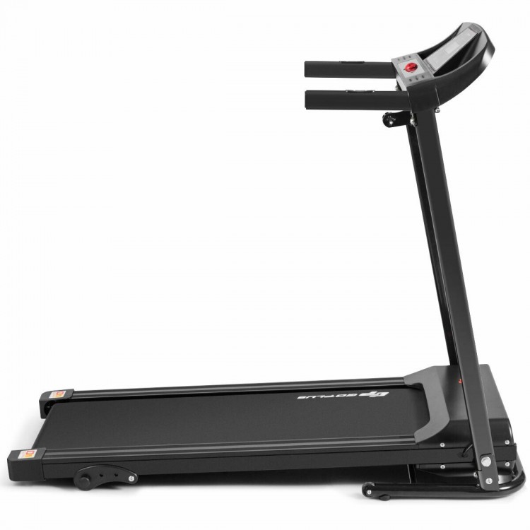 Foldable electric treadmill with LCD screen, adjustable speed, and compact design for indoor exercise convenience.