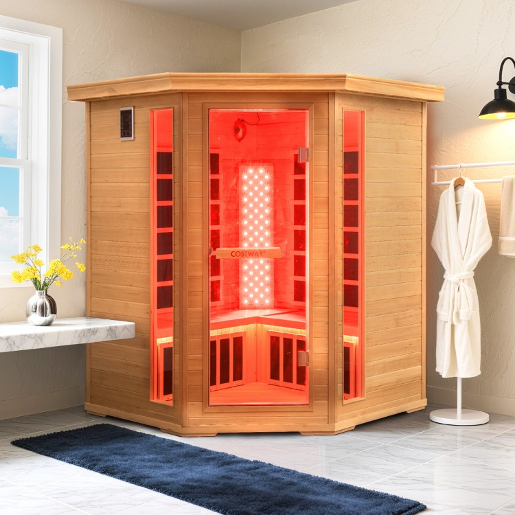 Far infrared wooden sauna room for 3-5 people with mica heating plates, RGB lighting, and Bluetooth speakers.