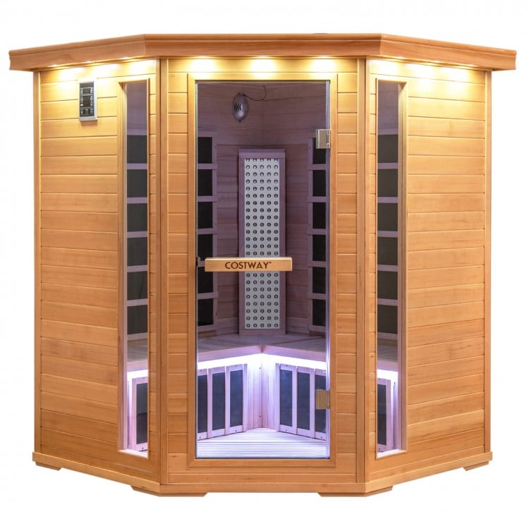 Far infrared wooden sauna room for 3-5 people, featuring mica heating plates, tempered glass door, and RGB lighting.