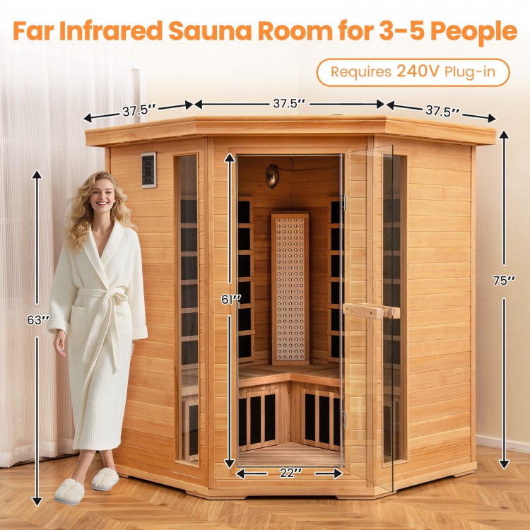 Far infrared wooden sauna room for 3-5 people, featuring mica heating plates and Bluetooth speakers, 75" tall.
