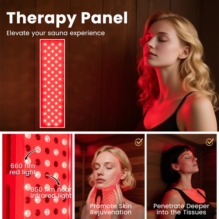 Red-light therapy panel for sauna, featuring 660 nm and 850 nm wavelengths for skin rejuvenation and deep tissue.